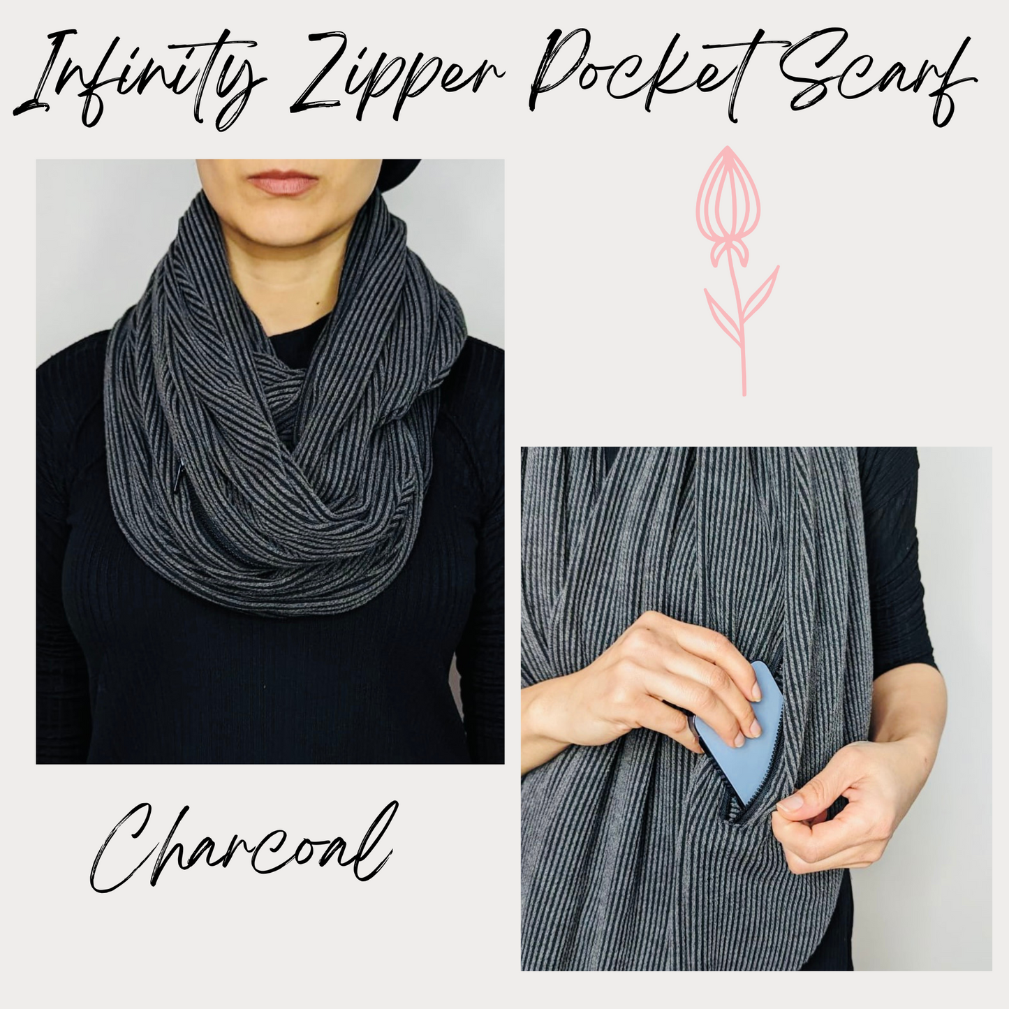 Infinity Zipper Pocket Scarf- Charcoal